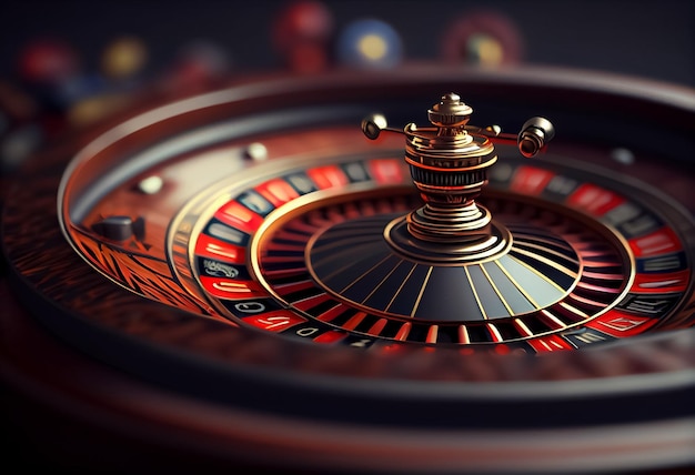 Close up of bright multicolored casino roulette table with poker chips