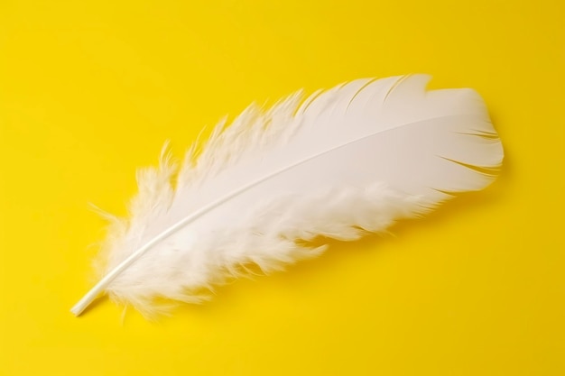 Close up of bright white feather Copy space yellow background Fashion and Party concept AI Generative