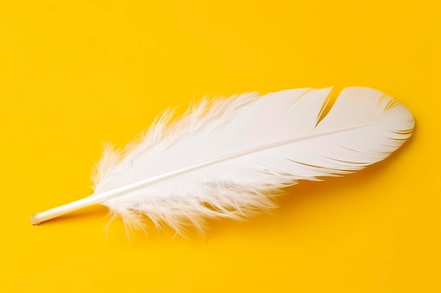 Close up of bright white feather Copy space yellow background Fashion and Party concept AI Generative