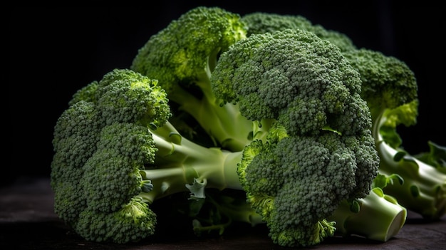 A close up of broccoli on a black background