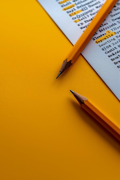 Close Up of Broken Pencil on Yellow Background with Financial Document Office Supplies Concept