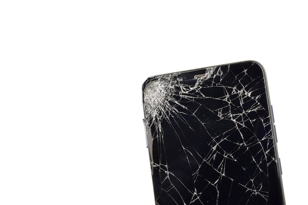 close-up of broken smartphone on white isolated