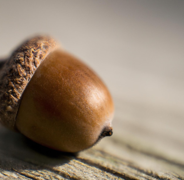 Close up of brown acorn laying on wooden backrgound