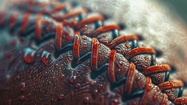 a close up of a brown and black speckled object with water drops