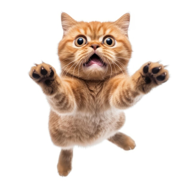 Close up of Brown British cat jumping on white background isolated