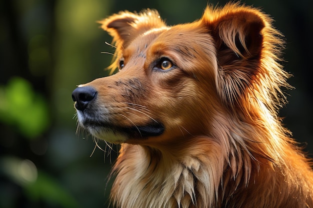 a close up of a brown dog looking to the side