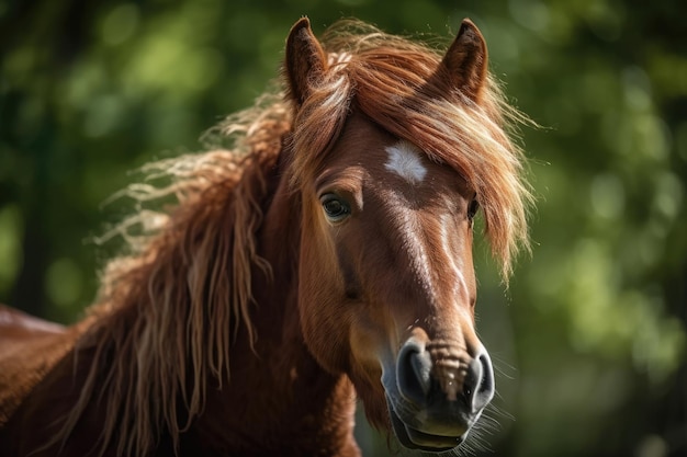 A close up of a brown horse with a bizarre haircut