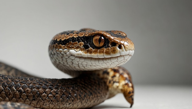 A close up of a brown snakes head and upper body looking at the camera The snakes body is coiled