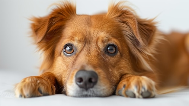 Close up of a brown and white dog with big eyes resting on a white surface