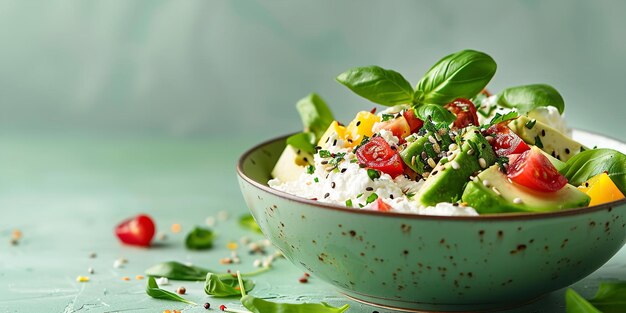 Photo a close up of brunch of cottage cheese and avocado with a fried egg in a spick and span soft green background for textural or background purposes generative ai