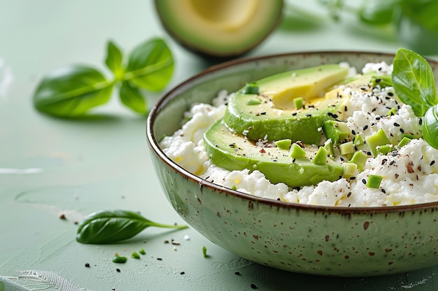 Photo a close up of brunch of cottage cheese and avocado with a fried egg in a spick and span soft green background for textural or background purposes generative ai