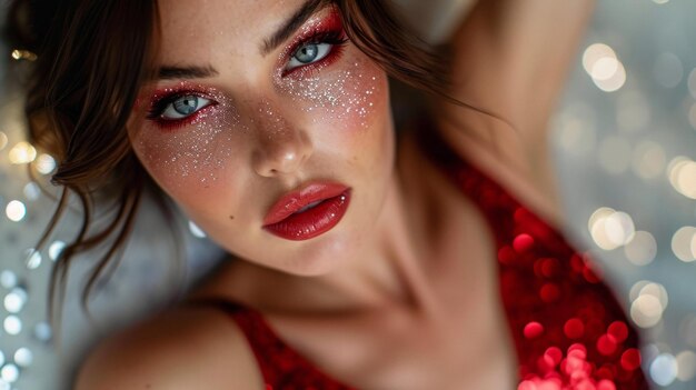 Photo close up of a brunette with glitter makeup and red sparkling dress on bokeh lights background concept for masquerade holiday corporate party and nightlife