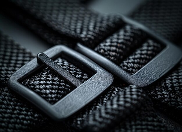 Photo close up of a buckle and tack stitching in black