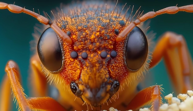 A close up of a bug's face with a black spot on the eyes