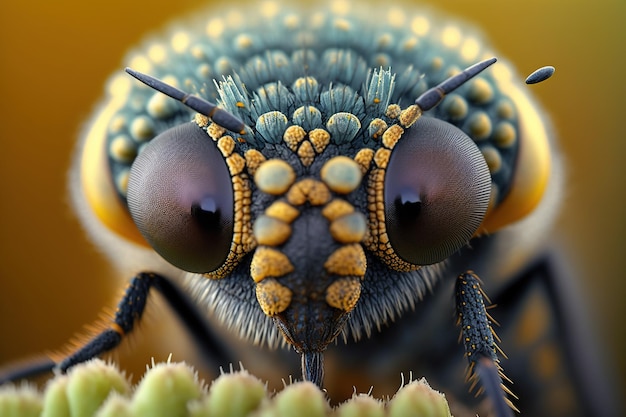 A close up of a bug's face with a yellow and blue pattern.