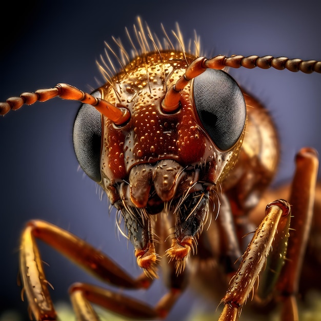 A close up of a bug with a blue background