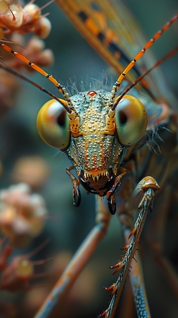 a close up of a bug with a bug on its face