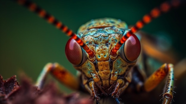 A close up of a bug with red eyes and a long antennae generative ai