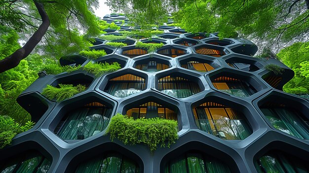 A close up of a building with a lot of windows and trees