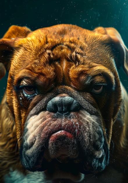 A close up of a bulldog with a sad expression