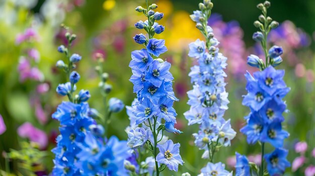 a close up of a bunch of blue flowers with yellow flowers