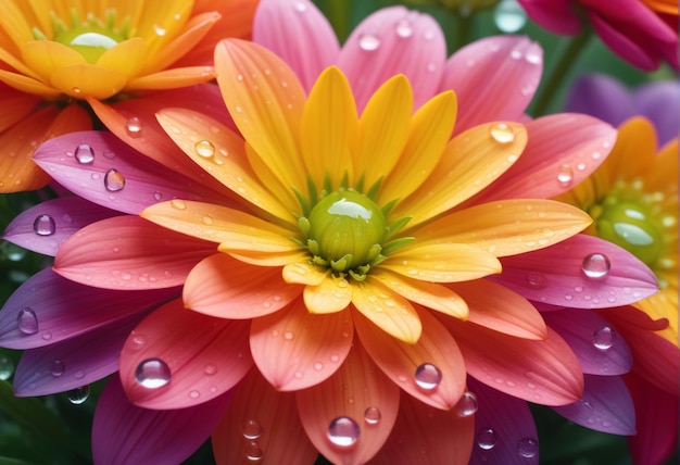 Close up of a bunch of bright colourful flowers with water droplets