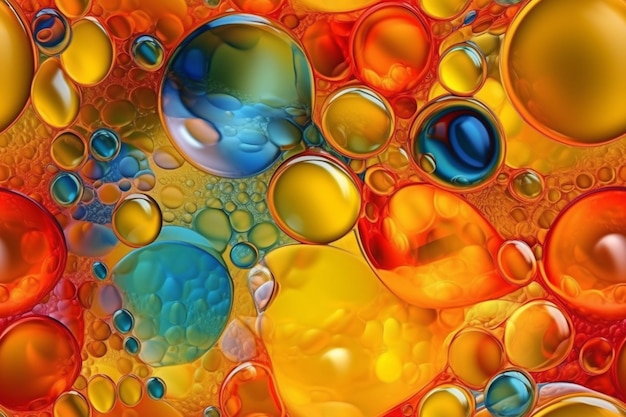 A close up of a bunch of bubbles on a colorful surface generative ai