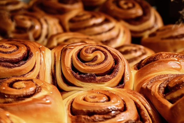 A close up of a bunch of cinnamon rolls generative AI