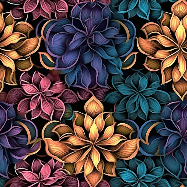 a close up of a bunch of colorful flowers on a black background generativ ai