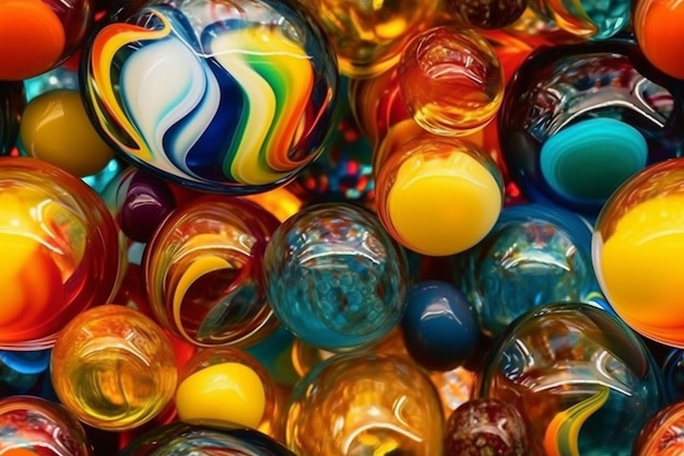 A close up of a bunch of colorful marbles on a table generative ai