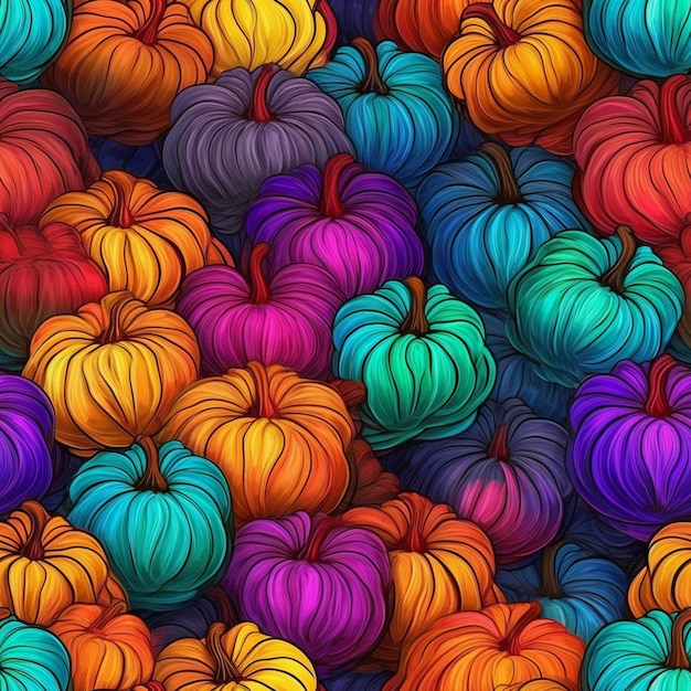 A close up of a bunch of colorful pumpkins on a table generative ai