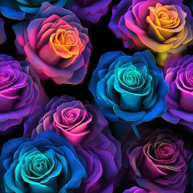 a close up of a bunch of colorful roses on a black background generative ai