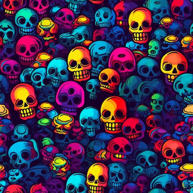 A close up of a bunch of colorful skulls on a black background generative ai