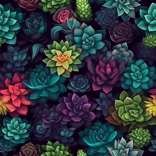 A close up of a bunch of colorful succulents on a black background generative ai