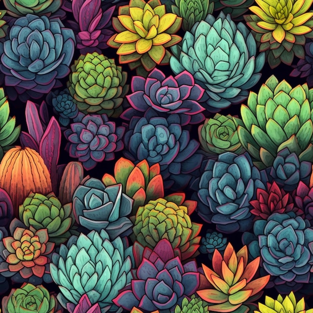 A close up of a bunch of colorful succulents on a black background generative ai