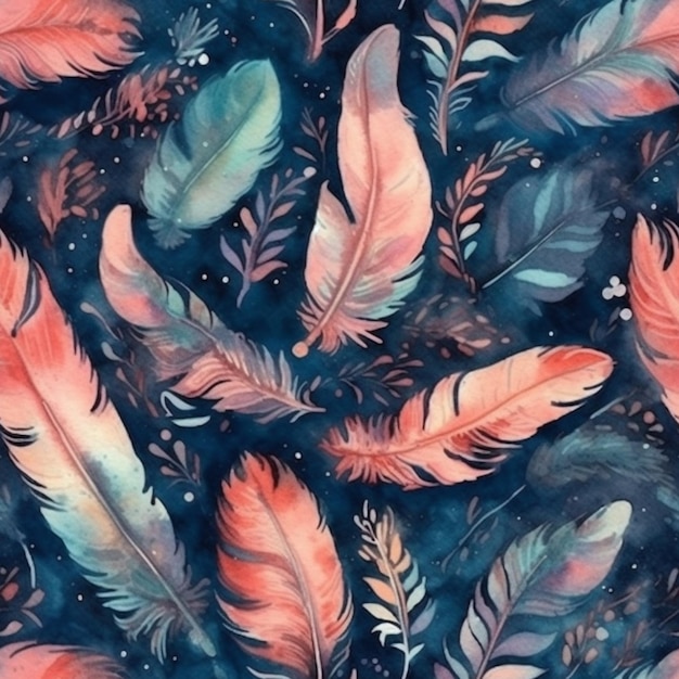 A close up of a bunch of feathers on a blue background generative ai