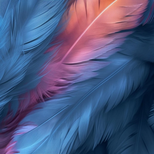 A close up of a bunch of feathers with a red and blue background generative ai