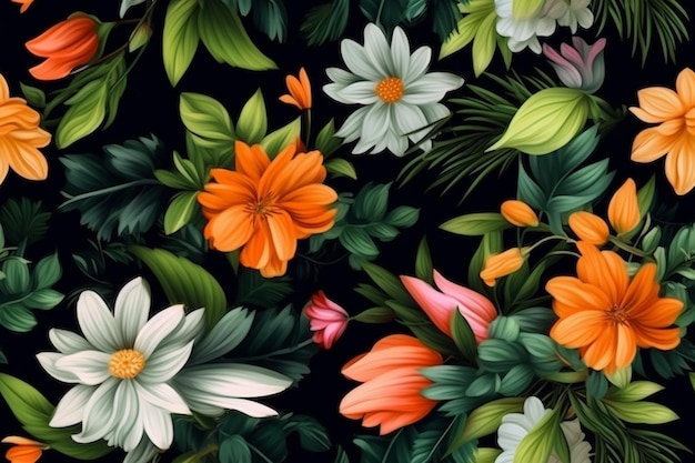 A close up of a bunch of flowers on a black background generative ai