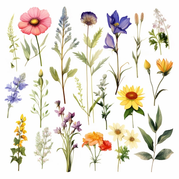 a close up of a bunch of flowers on a white background generative ai