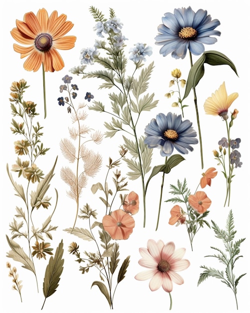 A close up of a bunch of flowers on a white background generative ai