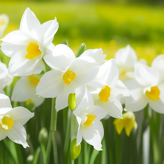 A close up of a bunch of flowers with the daffodils on it white flower background