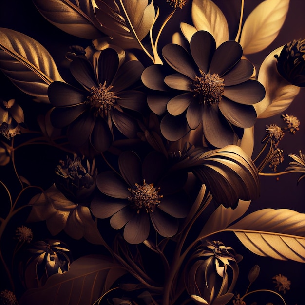 Close up of a bunch of flowers with leaves generative ai