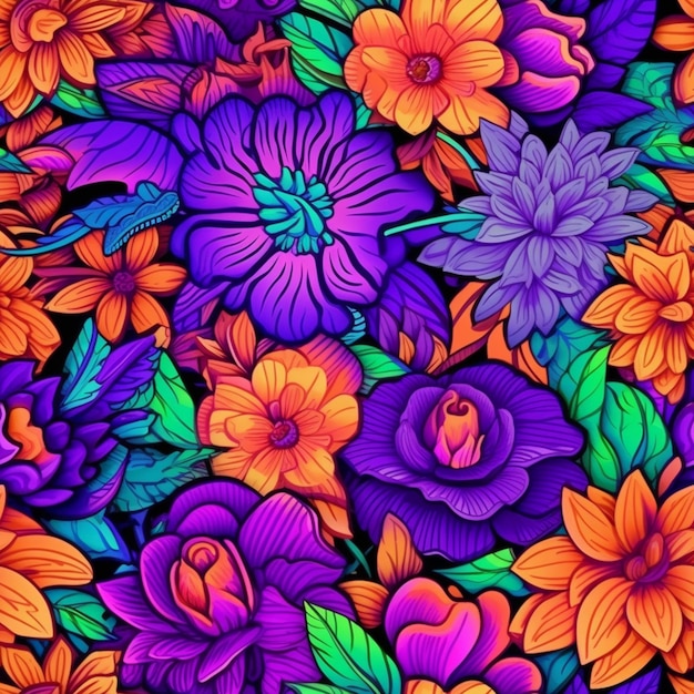 A close up of a bunch of flowers with purple and orange flowers generative ai