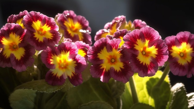 A close up of a bunch of flowers with the word primrose on the bottom