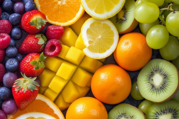 a close up of a bunch of fruit Closeup shot of colorful fruits arranged in an appealing way