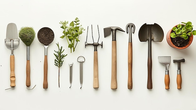 Photo a close up of a bunch of gardening tools on a white surface