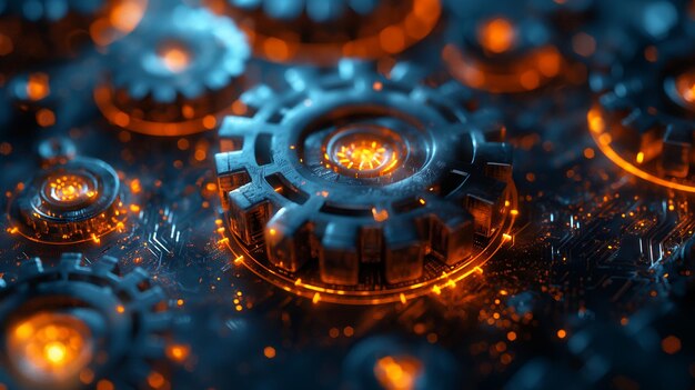 A close up of a bunch of gears with orange lights on them