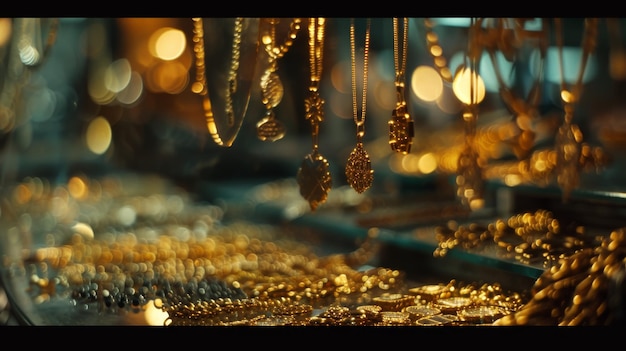 a close up of a bunch of gold beads hanging from a ceiling