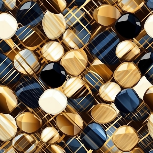 A close up of a bunch of gold and black glass beads generative ai