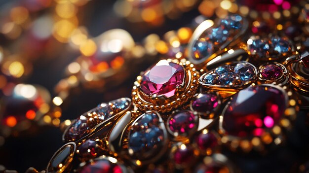 a close up of a bunch of gold rings with a pink diamond